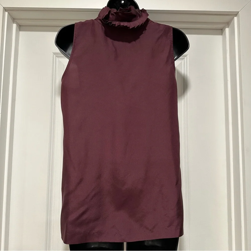 J.Crew Silk Sleeveless Ruffle Pleat Front Blouse Burgundy Wine Size 2